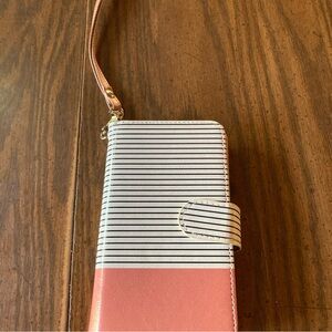 Ulak for iPhone salmon color  blue white stripes, wristlet wallet card storage